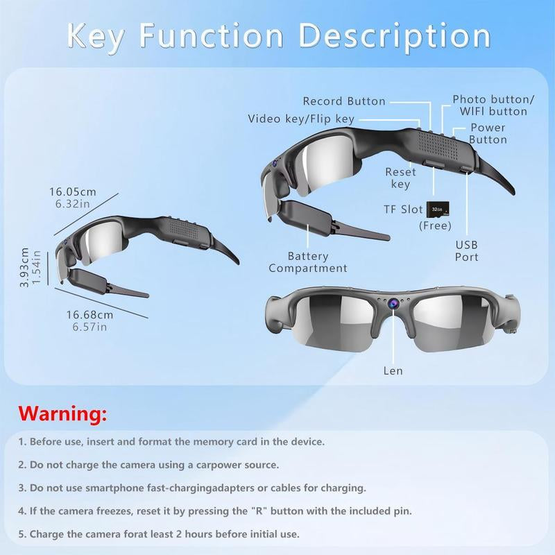 HD 1080P Wifi Connection Sports Sunglasses, Stereoscopic Glasses with Camera Recording Glasses, Action Camera Glasses for Outdoor Sports, Wearable, Touch Control Glasses, Wireless Audio Glasses